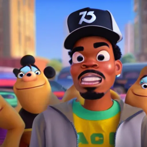 Image similar to a tv still of Chance The Rapper starring in a 2006 Pixar Animated movie