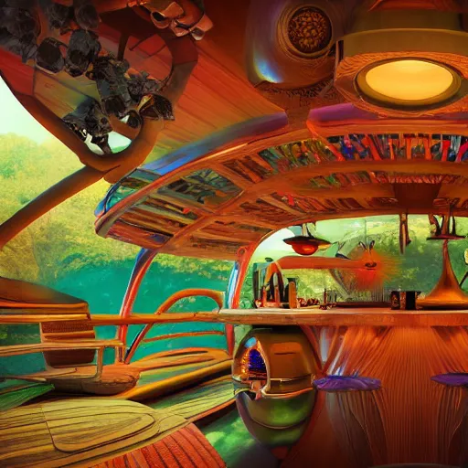 Prompt: futuristic tiki airstream treehouse, fine art, digital painting, atmospheric lighting, center focus, hyperdetailed, photorealistic, 8k, high resolution, velvia, velvety, vibrant colors, insanely detailed and intricate, ray tracing, award winning, featured in artstation, octane render