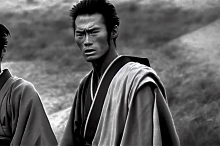 Image similar to young clint eastwood as a ronin samurai brothers, in robes, in the movie seven samurai ( 1 9 5 4 ). grainy movie still, high detail, sharp focus