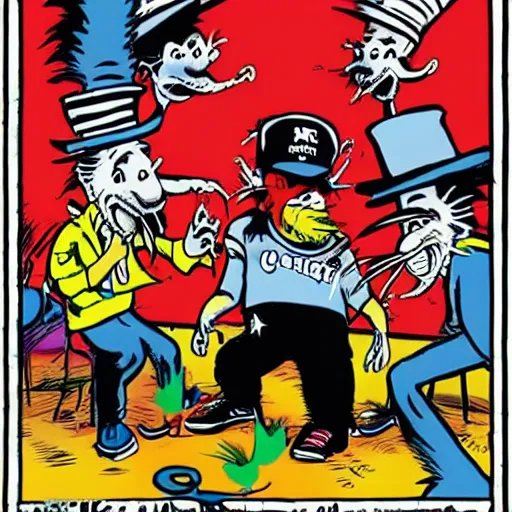 Prompt: The East Coast–West Coast hip hop rivalry, attacks, illustrated by Dr Seuss