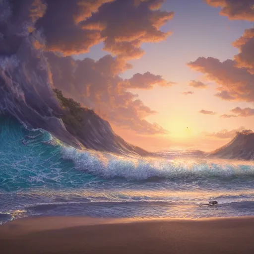 Prompt: A beautiful detailed painting of an exotic deserted beach with big waves, lit by sunset, by Quentin Marsollier, unreal engine, featured on artstation, ultrawide angle, f8