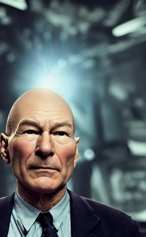 Prompt: Patrick Stewart as Professor X, backlit lighting, atmospheric