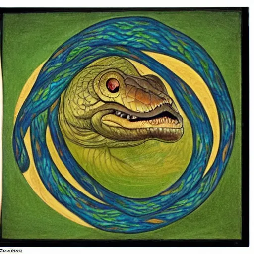 Prompt: ouroboros snake biting its own tail in a circle, tinted colours, highly detailed head, famous painting in the style of Claude Monet,