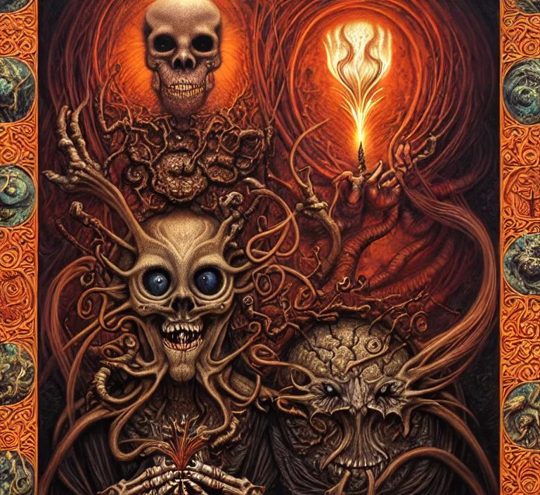 Image similar to A beautiful detailed grotesque monster super cute tarot card, by tomasz alen kopera and Justin Gerard, symmetrical features, ominous, magical realism, texture, intricate, ornate, royally decorated, skull, skeleton, whirling smoke, embers, red adornements, red torn fabric, radiant colors, fantasy, trending on artstation, volumetric lighting, micro details, 3d sculpture, ray tracing, 8k, anaglyph effect, digital art