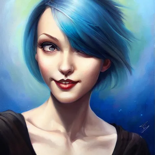 Prompt: a beautiful painting of a smiling woman with stylish short blue hair and sparkling blue eyes representative of the art style of artgerm and wlop and peter mohrbacher, portrait, kind smile
