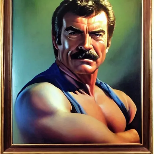 Image similar to ultra realistic portrait painting of tom selleck as captain kirk, art by frank frazetta, 4 k, ultra realistic, highly detailed, epic lighting