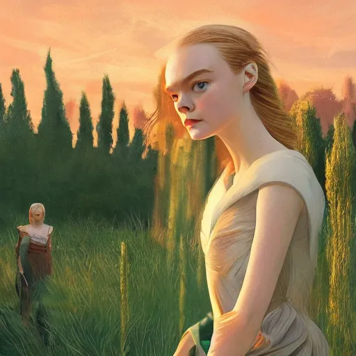 Prompt: Elle Fanning, head and shoulders masterpiece, in Dark Souls, golden hour, in a garden, artstation, in the style of Retro-Futurism and Edward Hopper and Bosch, extremely detailed