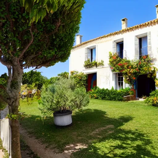 Image similar to ile de re house with a garden, two stores, white walls, orange roof