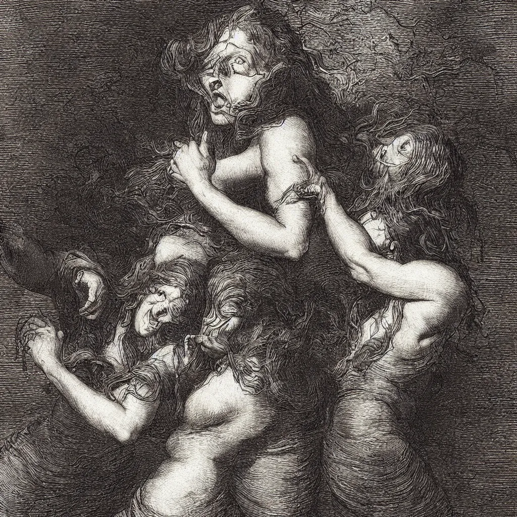 Prompt: close up of a woman cyring and rage, gustav dore