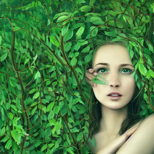 Prompt: a young womans face engulfed in green vines, surreal Art Station, concept art, cinematic, 8k, Pinterest, cgsociety, hyper detailed, ultra realistic, epic, high resolution, post processing, ultra high quality, sci fi, sharp, 4k UHD, realistic, intricate, details, masterpiece, Deviant Art, Trending on Artstation, Unreal Engine 4k, octane render