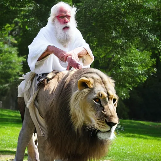 Image similar to old man ( wise long white beard wearing a hooded tunic ) riding on lions back