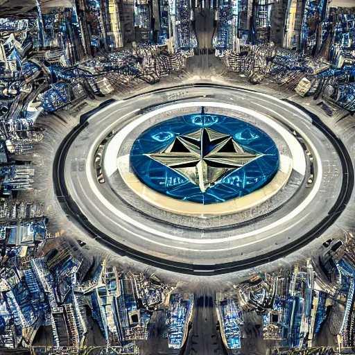 Image similar to an aerial photograph of the pentagon, cyber punk style, digital art