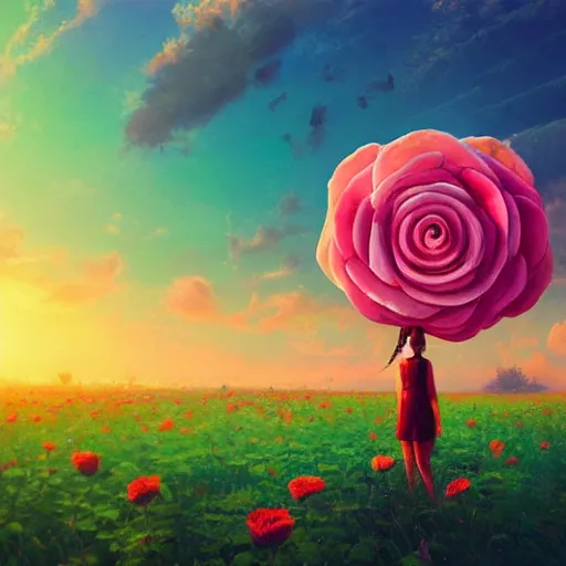 Image similar to giant rose flower as a head, full body girl sitting in a flower field, surreal photography, sunrise, dramatic light, impressionist painting, colorful clouds, digital painting, artstation, simon stalenhag