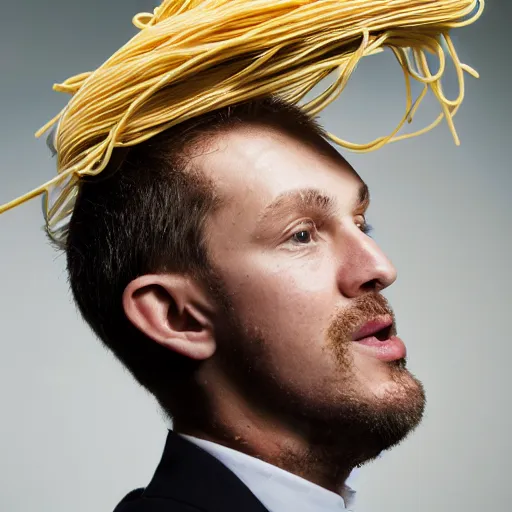 Prompt: man with spaghetti on top of his head, studio photography