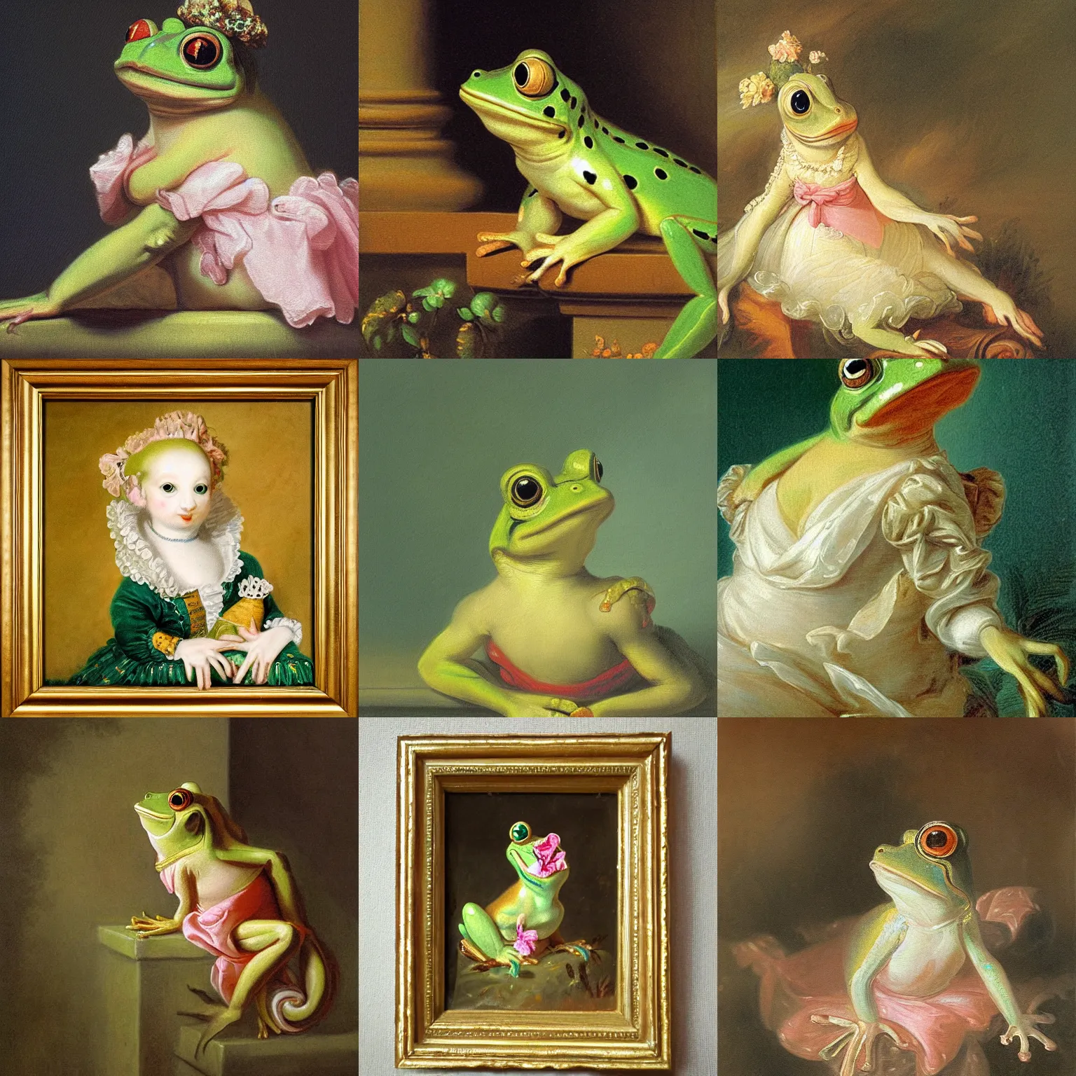 Prompt: portrait rococo painting of Princess frog by Jean‑Honoré Fragonard