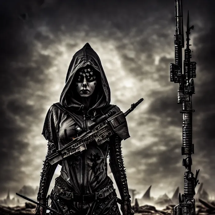 Image similar to apocalyptic woman in hood standing in hall of weaponry, hyper - detailed, smooth, sharp focus, 4 k ultra hd, fantasy dark art