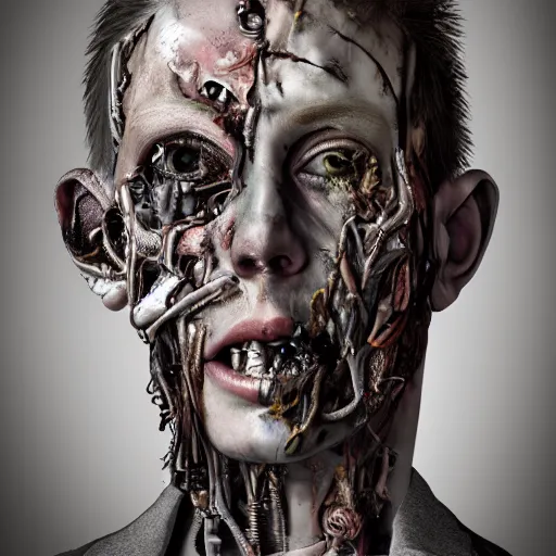 Image similar to photorealistic portrait of a twisted, corrupted, decaying cyborg