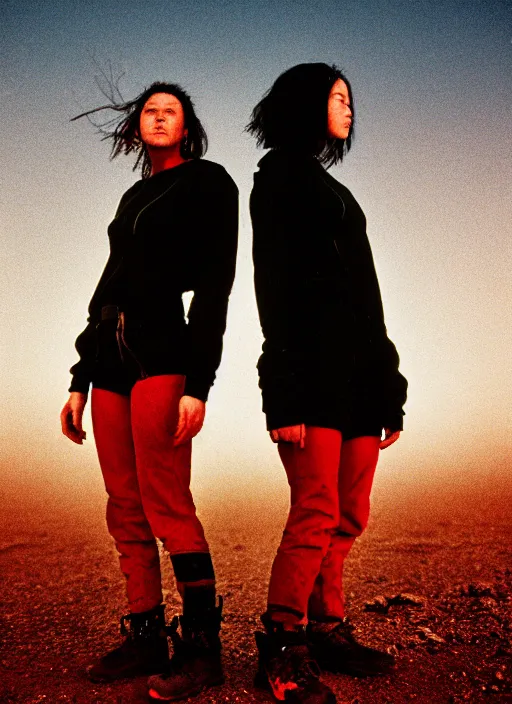 Image similar to cinestill 5 0 d photographic portrait of two loving female androids wearing rugged black techwear on a desolate plain with a red sky, extreme closeup, lizard on ground, cyberpunk style, in front of a brutalist dark metal facility, dust storm, 3 5 mm, 8 k, f / 3 2, high resolution, ultra realistic faces