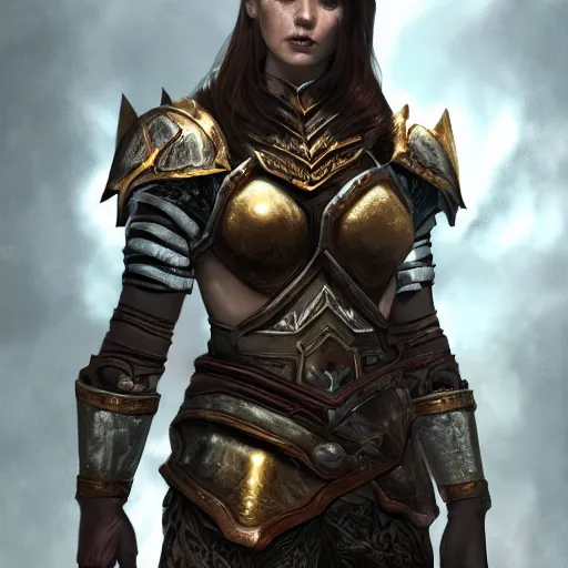 Image similar to charismatic rugged, the elder scrolls vi character brunette female portrait partially clothed in exquisitely deatiled metal - plated battle armour, atmospheric lighting, painted, intricate, volumetric lighting, beautiful, rich deep colors masterpiece, sharp focus, ultra detailed by leesha hannigan, ross tran, thierry doizon, kai carpenter, ignacio fernandez rios