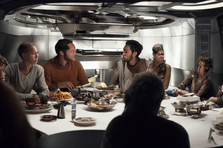 Image similar to movie diverse interracial small team of European sci-fi futuristic space explorers talking at the table in a spaceship kitchen, beautiful skin, Symmetrical faces. Beautiful lighting by Emmanuel Lubezki