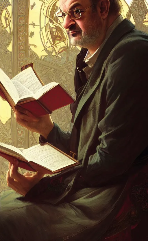 Image similar to portrait of salman rushdie reading, deep focus, d & d, fantasy, intricate, elegant, highly detailed, digital painting, artstation, concept art, matte, sharp focus, illustration, art by artgerm and greg rutkowski and alphonse mucha