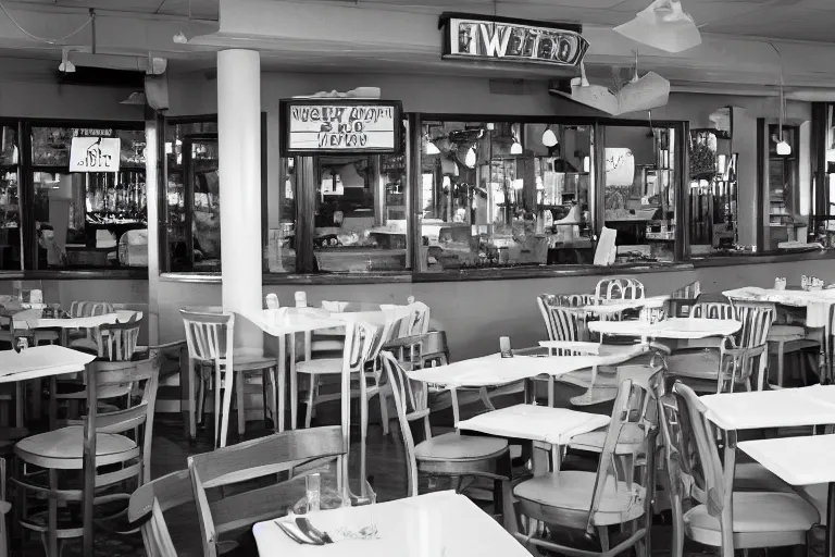 Image similar to 1 9 9 2 watermelon new jersey diner, tables repeat endlessly into the horizon, fruitcore, one point perspective, americana, restaurant interior photography, 5 5 mm