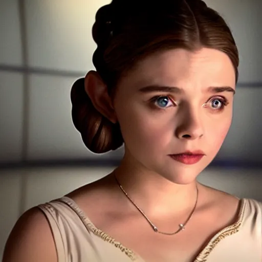 Image similar to Adult Chloe Moretz as Princess Leia, movie scene, DSMC2, 50mm, F1.4, studio lighting, professional, Look at all that detail!, Dolby Vision, UHD