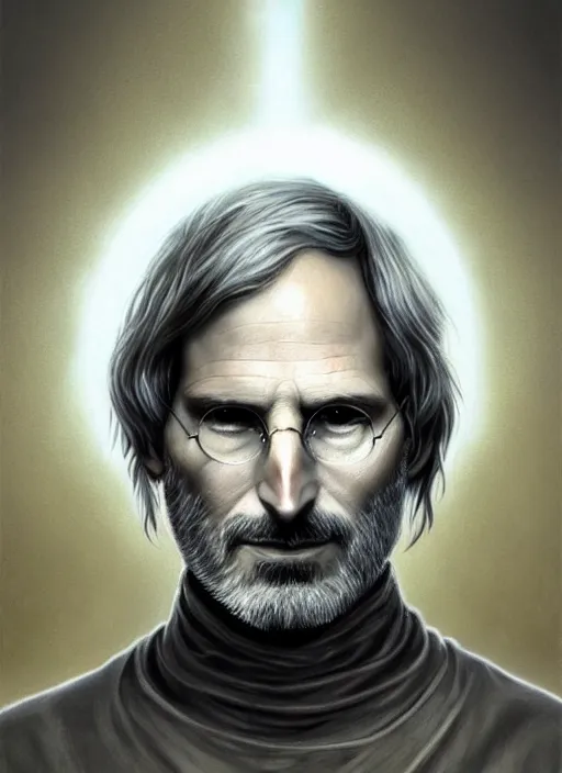 Image similar to Portrait of Steve Jobs, white glowing eyes, silver shaggy hair, cloak, ethereal wings, male, fantasy, extremely detailed, digital painting, artstation, concept art, smooth, sharp focus, illustration, stunning lighting, art by artgerm and greg rutkowski and alphonse mucha and simon stalenhag, realistic character concept, high fantasy, light atmosphere, golden ratio, cinematic lighting, hyperdetailed, high resolution, insanely detailed and intricate, artstation, Marc Simonetti, Greg Rutkowski, 8k