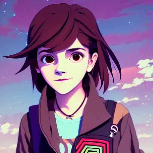 Image similar to beautiful boyish emma watson in majora's mask, wearing oversized mayan bomber jacket with overalls and leotard, bulky poofy bomber jacket with mayan patterns, aztec street fashion, gapmoe yandere grimdark, trending on pixiv fanbox, painted by greg rutkowski makoto shinkai takashi takeuchi studio ghibli, akihiko yoshida