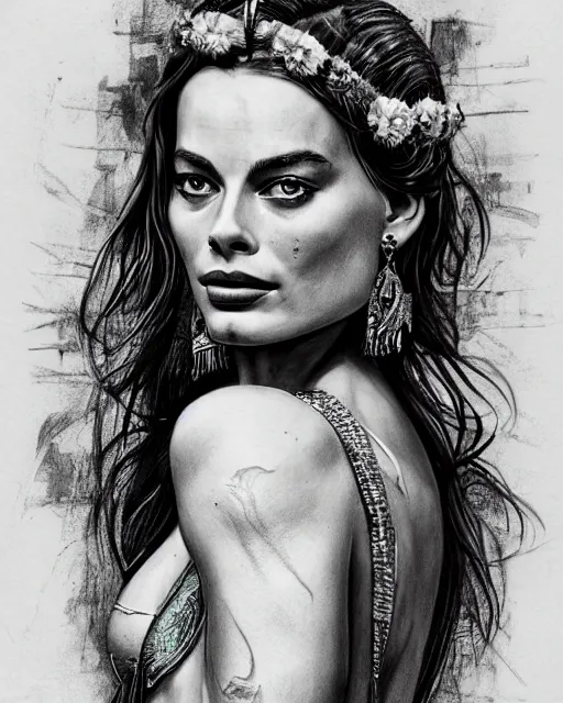 Image similar to realism tattoo sketch of margot robbie as a beautiful greek goddess aphrodite with piercing eyes wearing a laurel wreath and triangle earrings, in the style of greg rutkowski, amazing detail