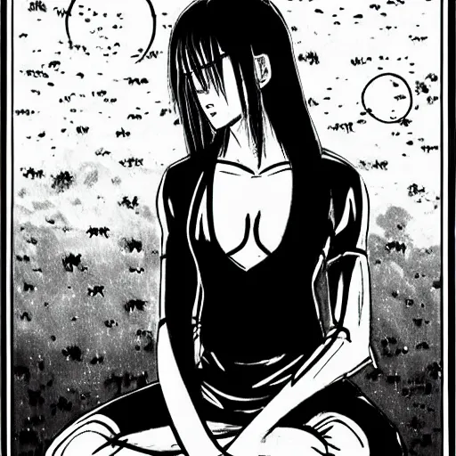 Image similar to of a takashi okazaki style pencil and ink manga drawing of scarlett johansson meditating in the middle of a dojo with dramatic moonlight coming in through the window.