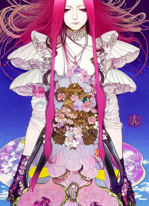 Prompt: artstation highly detailed terada katsuya fantasy bloom manga poster of girl mechine, rainbow gradient reflection, ayami kojima, long hair, armor, dress, laces, ruffles, 8 k, maximalist, alphonse mucha