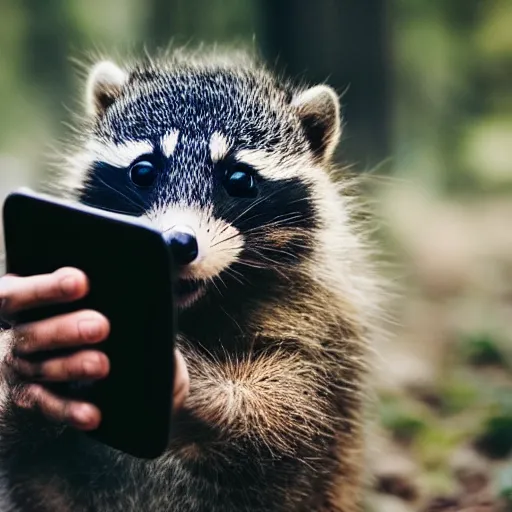 Prompt: a hip hop dancing raccon holding a smartphone, realistic nature photography