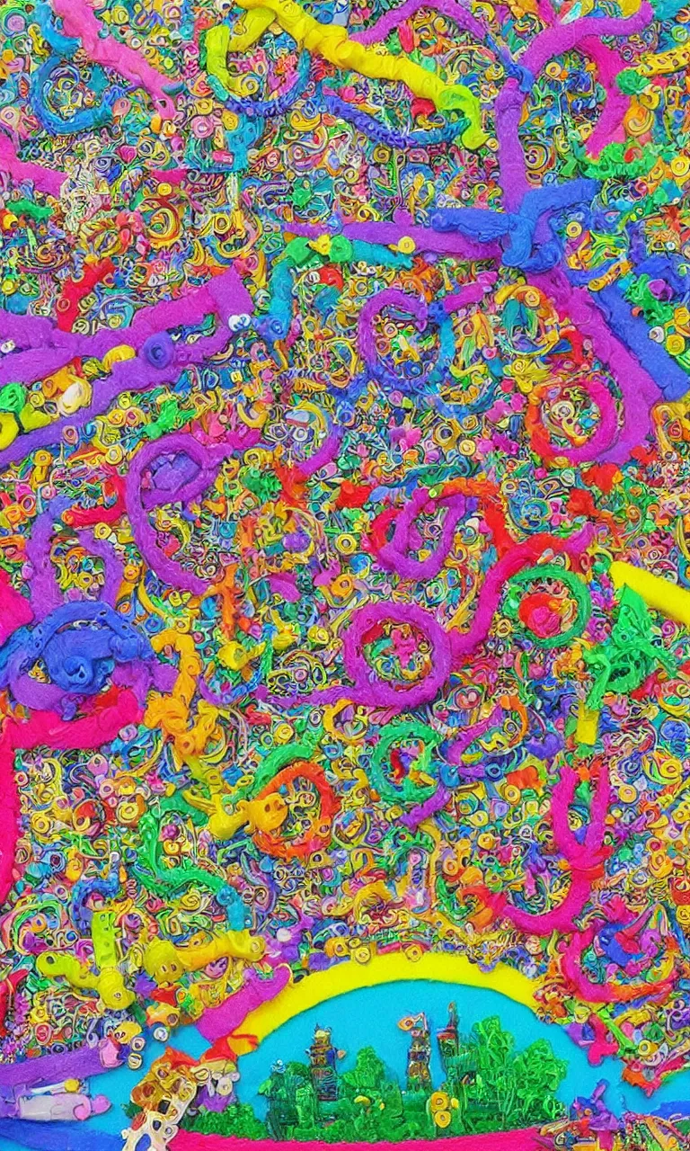 Image similar to an incredibly detailed masterpiece made out of pipecleaners of a I SPY puzzle by bosch and lisa frank, ornate, beautiful, rainbow colors, detailed, high resolution, wow!, intricate