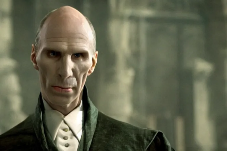 Image similar to film still of josef fiennes as Lord Voldemort in Harry Potter movie