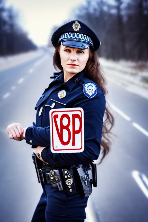 Image similar to photo portrait of beautiful female police officer from russia shyly showing the