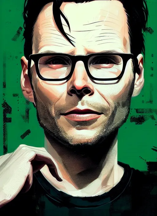 Image similar to highly detailed closeup portrait of beautiful christian slater, stubble, old, as mr robot by atey ghailan, by greg rutkowski, by greg tocchini, by james gilleard, by joe fenton, by kaethe butcher, gradient green, black and white color scheme, grunge aesthetic!!! ( ( graffiti tag wall background ) )