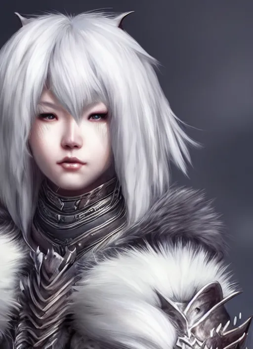 Image similar to warrior, fur - lined wolf armor!!! beautiful and elegant white hair female!! monster hunter!! character concept art, sharp focus, octane render! unreal engine 5! highly rendered!! trending on artstation!! detailed linework!! illustration by artgerm, wlop, and chie yoshii