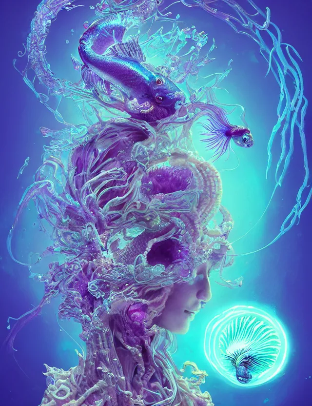 Prompt: goddess macro shouler portrait from bottom to top in crown made of ram skull. betta fish, jellyfish phoenix, bioluminiscent, plasma, ice, water, wind, creature, super intricate ornaments artwork by tooth wu and wlop and beeple and greg rutkowski and alexander fedosav