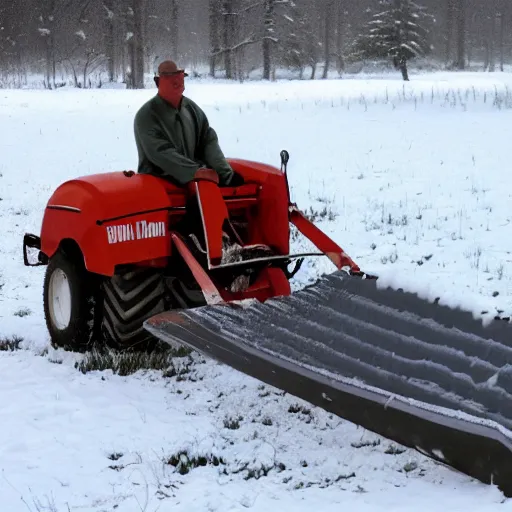 Image similar to Hank Hill ploughing sitting on a snow plough in the middle of winter