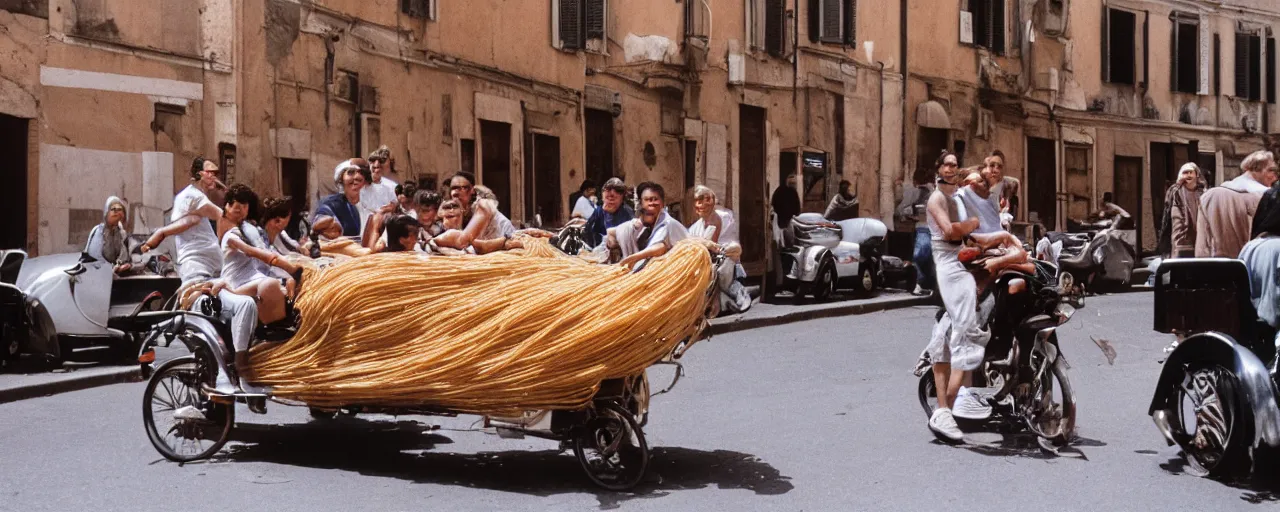 Prompt: a group of people on the streets of rome riding in a car made of spaghetti, canon 5 0 mm, cinematic lighting, photography, retro, film, kodachrome