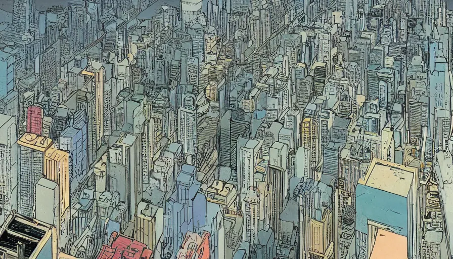 Image similar to ligne claire art of a future city intertwined with nature, street-level view, by Moebius, Eisner award-winning spread