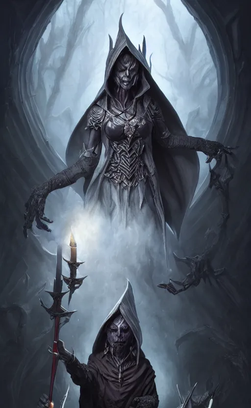 Image similar to legendary creepy dark elf wizard, highly detailed, d & d, fantasy, highly detailed, digital painting, trending on artstation, concept art, sharp focus, illustration, global illumination, ray tracing, realistic shaded, art by artgerm and greg rutkowski and fuji choko and viktoria gavrilenko and hoang lap