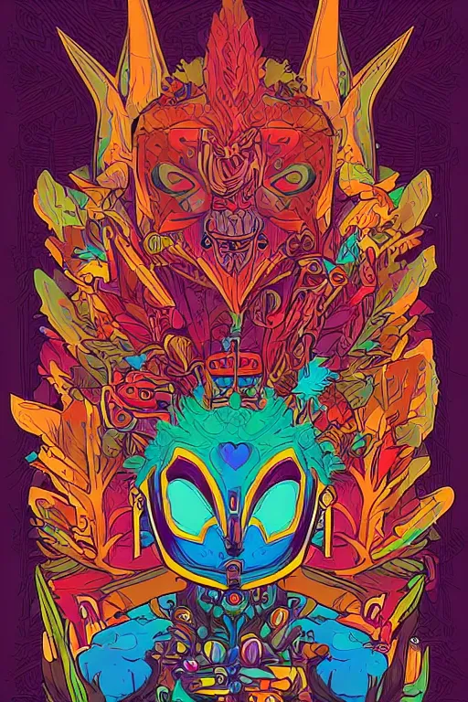 Image similar to animal mask totem roots flower tribal feather gemstone plant wood rock shaman vodoo video game vector cutout illustration vivid multicolor borderlands comics by josan gonzales and dan mumford radiating a glowing aura