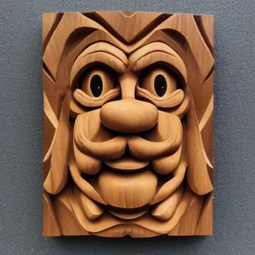 Prompt: abstract walnut wood carving of mario. Intricate details, hand carved, warm tones