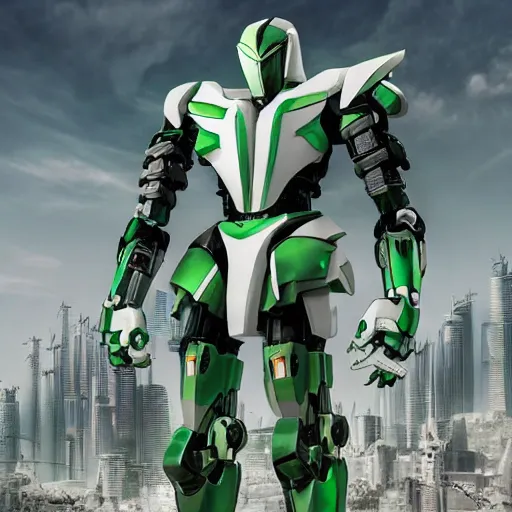 Image similar to saudi futuristic warrior mecha, green and white , full body mecha suit, epic urban battle, Murata Yasushi Nirasawa Style, beautiful aesthetic, photorealistic, volumetric lighting, hyperrealistic, octane render, HDR, Production IG Studios, marvel comics