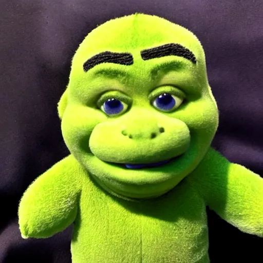 Prompt: a terrible knockoff plush toy of Shrek being sold on ebay, photograph, poorly taken photograph, weird angle, realistic, hyperrealistic, very detailed, extremely detailed, dark lighting, poor lighting, very realistic, thumb on the camera lens, HD quality, 8k resolution, funny