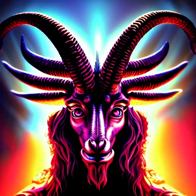 Prompt: Beautiful closeup portrait 3d render of the illuminati Baphomet, face portrait, atmospheric lighting, painted, intricate, volumetric lighting, beautiful, rich deep colors masterpiece, sharp focus, ultra detailed, in the style of Dan Mumford and marc simonetti, with a clear crowded futuristic cyberpunk city in the background, astrophotography