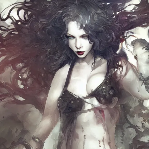 Image similar to christina hendricks!!! goth, tankoban, 4 k, tone mapping, akihiko yoshida, james jean andrei riabovitchev marc simonetti, yoshitaka amano, long hair, curly, h. hydrochaeri