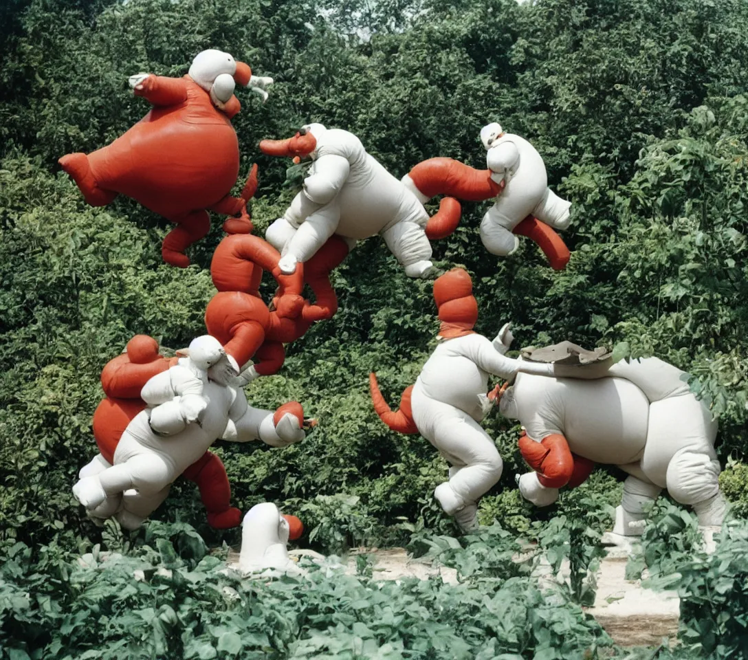 Prompt: a 3 5 mm photography, kodachrome colour, of grandpa fighting with white michelin man costume, riding a hippo, strange creatures and alien plants around, photos taken by martin parr